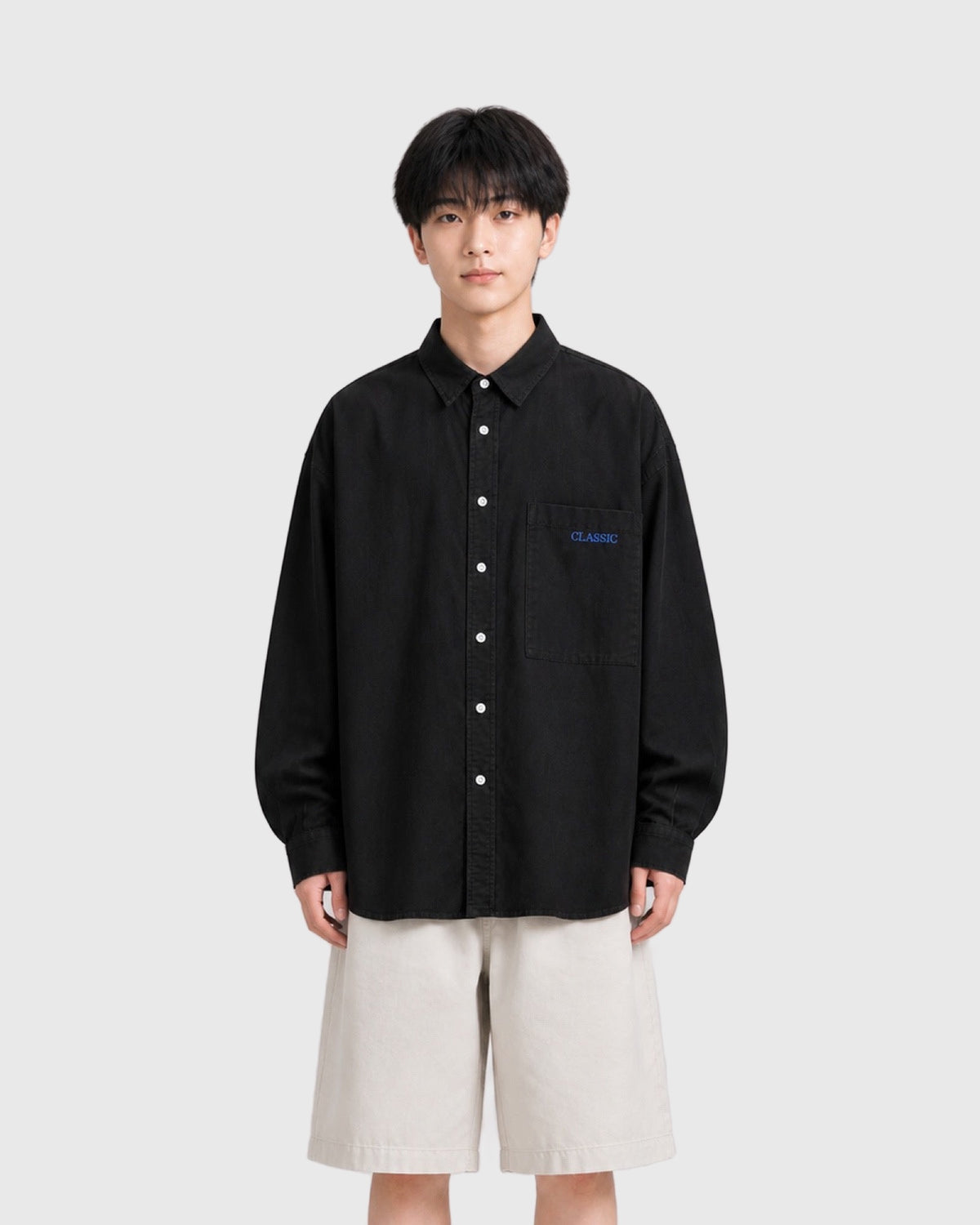 OURES オーバーサイズ ワークシャツ ユニセックス ブラック モデル着用 正面