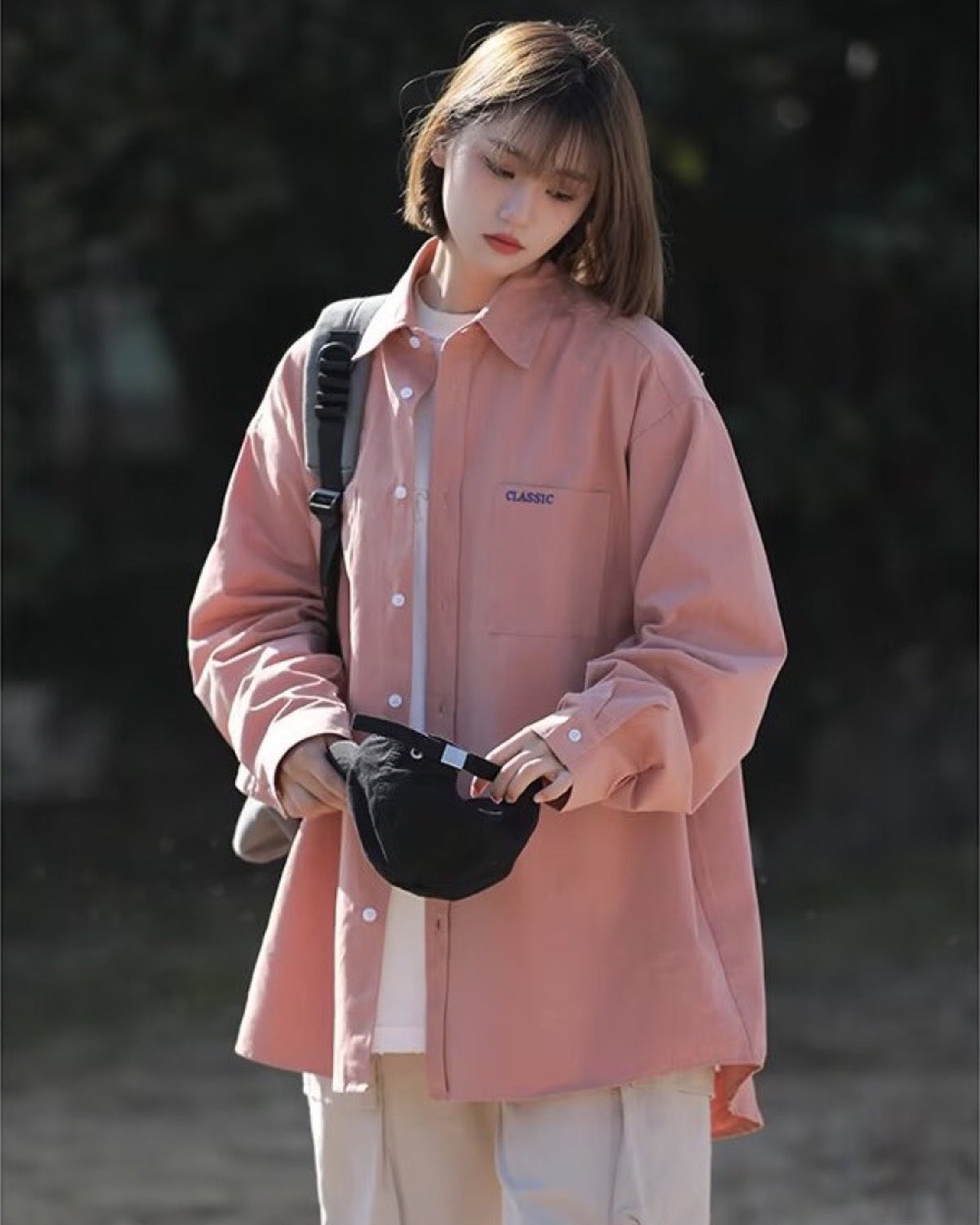 オーバーサイズ ワークシャツ ユニセックス ピンク 着用