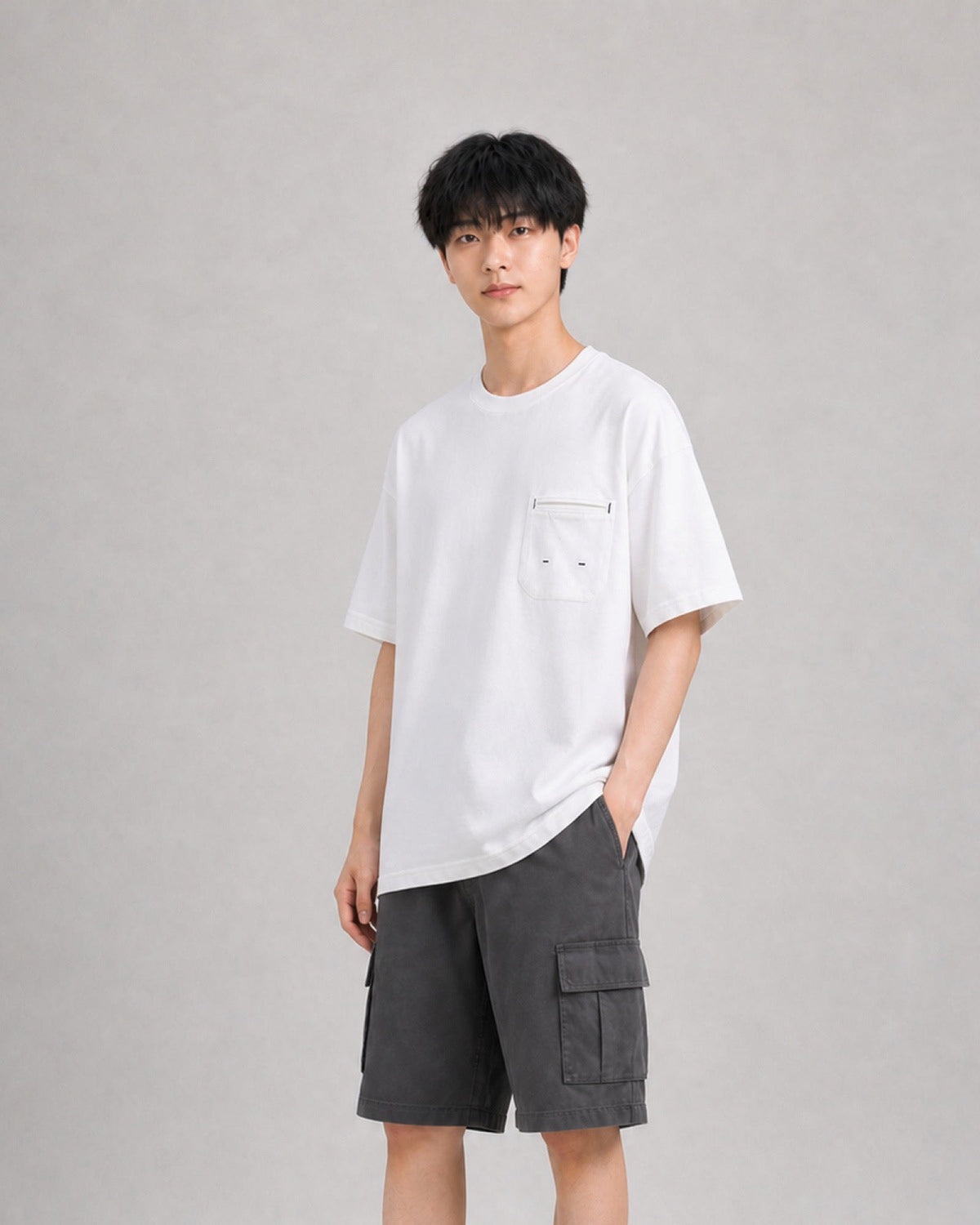 OURES ヘビーウェイト ポケット オーバーサイズTシャツ ユニセックス ホワイト モデル着用 右斜め