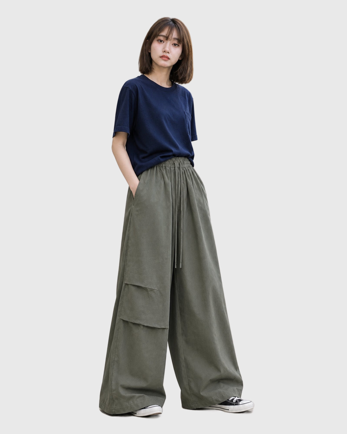 OURES アメカジ ワイドカーゴパンツ メンズ カーキ モデル着用 右斜め
