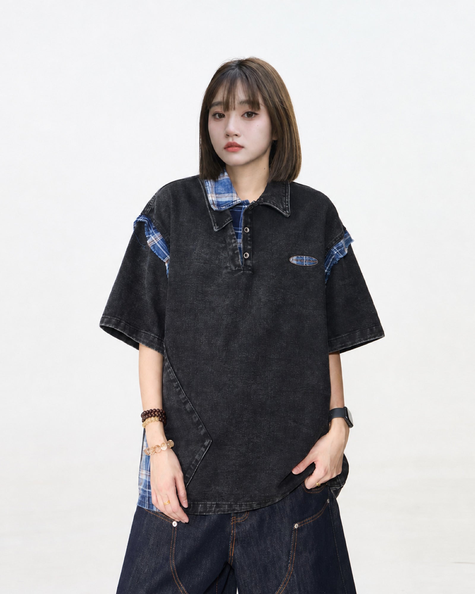 ウォッシュドデニム パッチワーク ポロTシャツ ユニセックス 01
