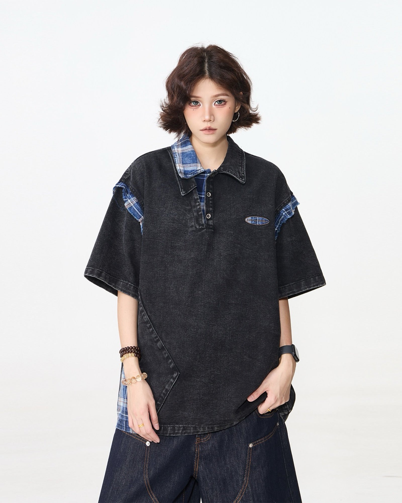 ウォッシュドデニム パッチワーク ポロTシャツ ユニセックス 02