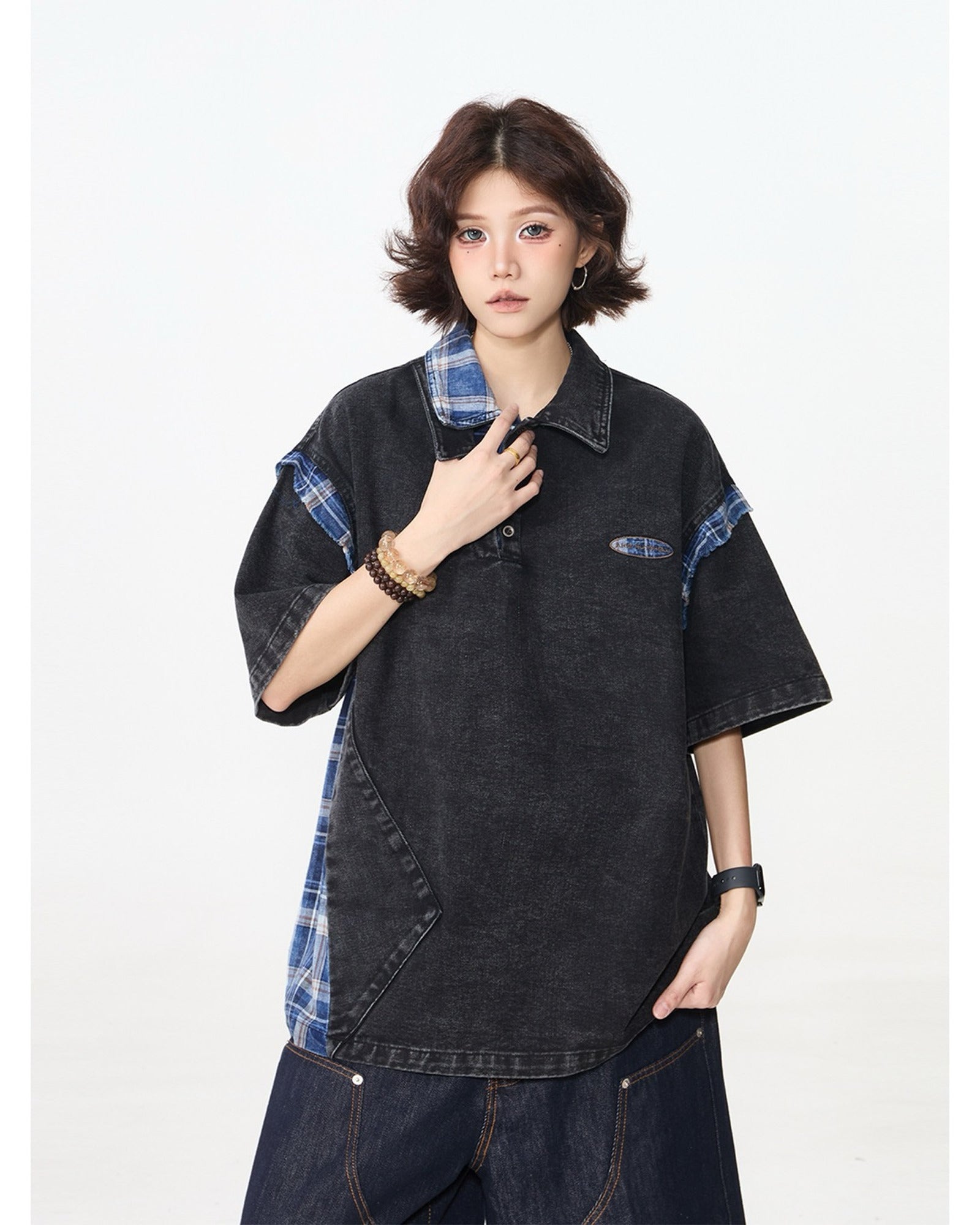 ウォッシュドデニム パッチワーク ポロTシャツ ユニセックス 03