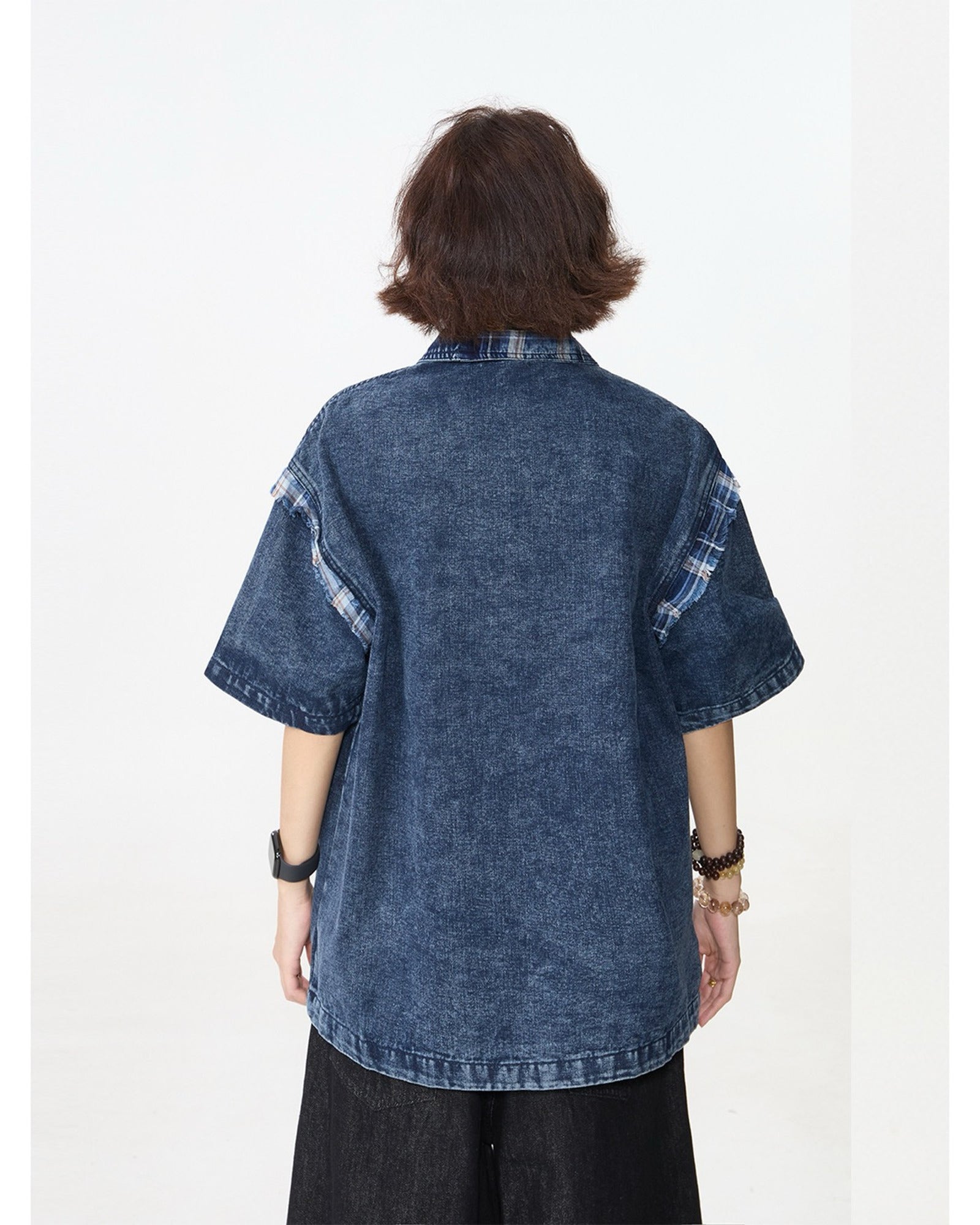 ウォッシュドデニム パッチワーク ポロTシャツ ユニセックス 05