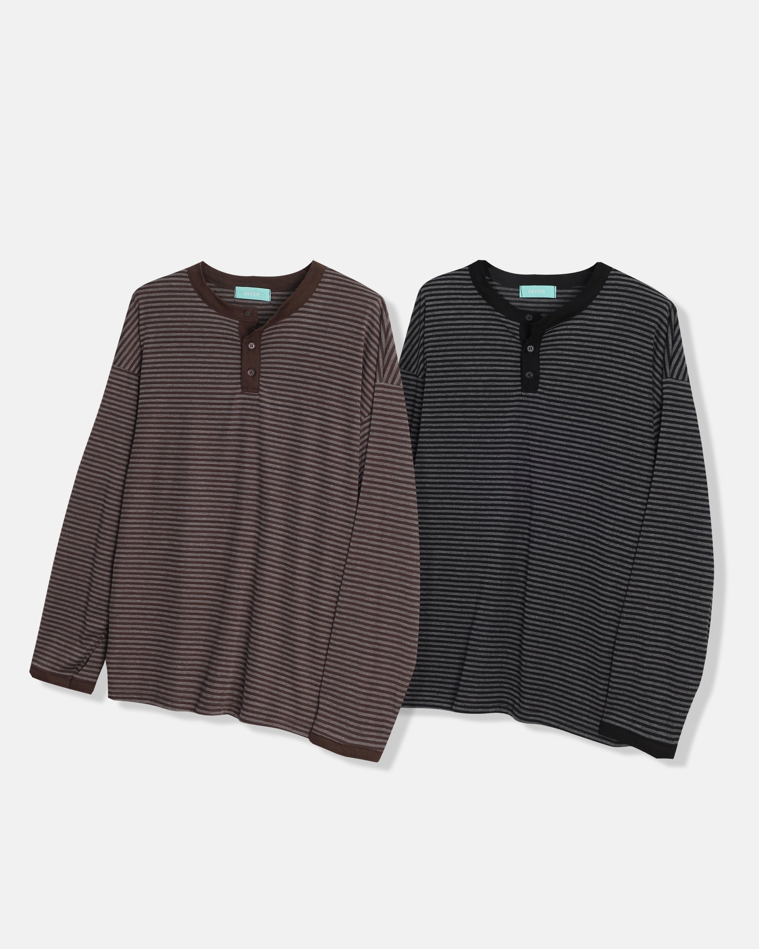 ユニセックス ボーダー ヘンリーネック ニット