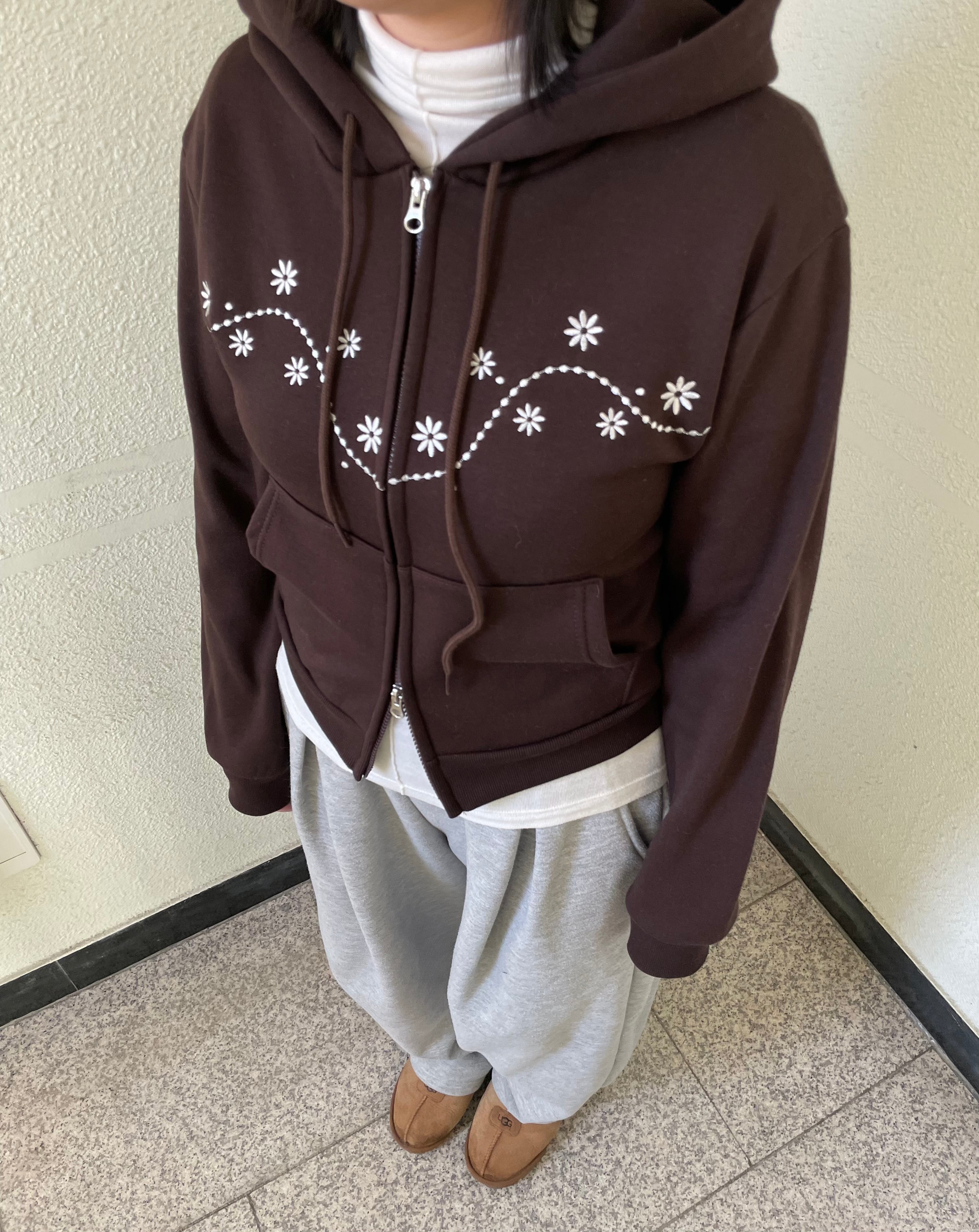 レディース 刺繍フラワー フードジップアップ