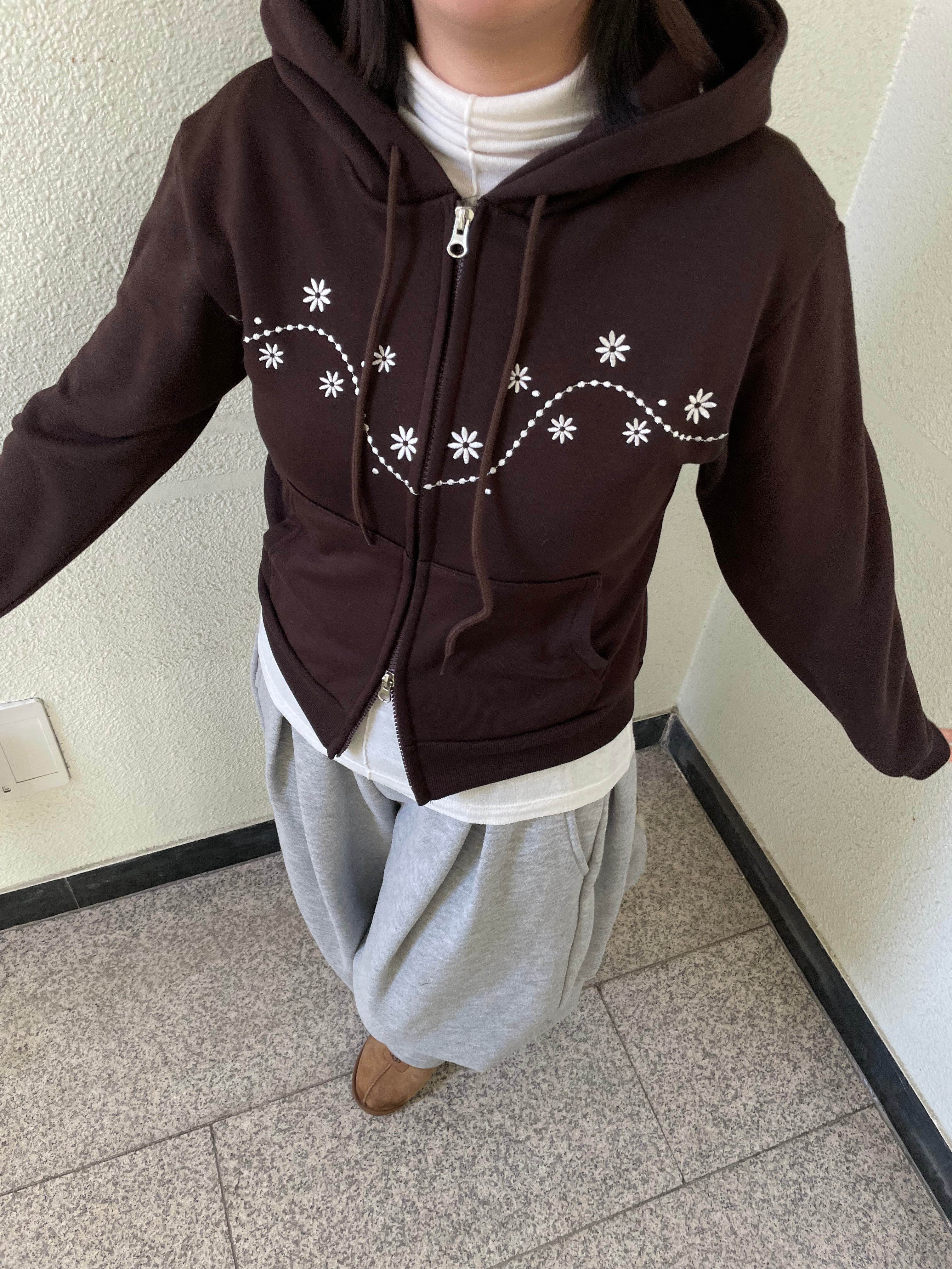 レディース 刺繍フラワー フードジップアップ