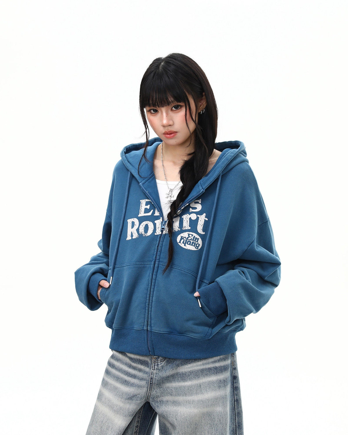 OURES フード付き アメカジ スウェット ブルー 着用 正面