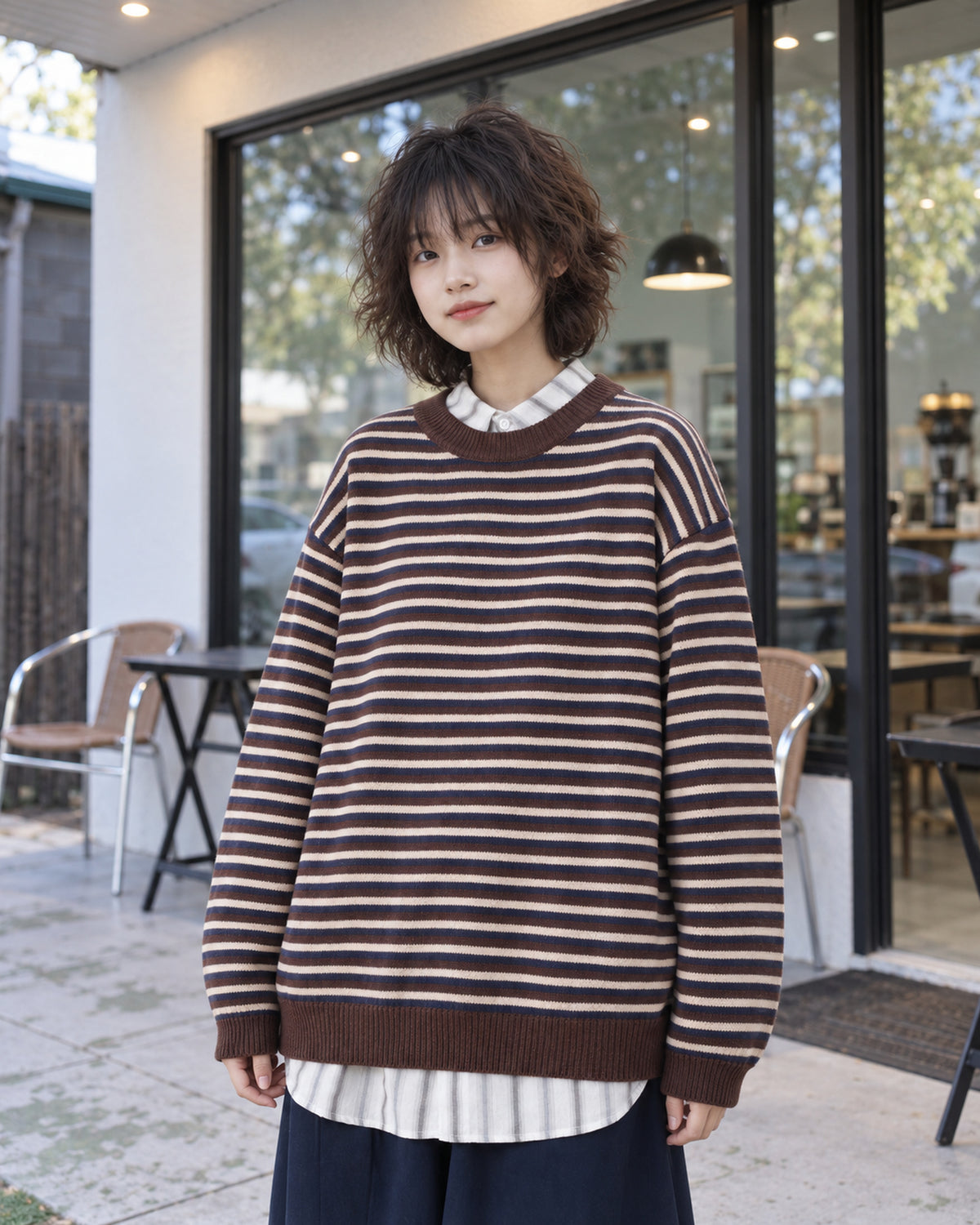 OURES レトロボーダー クルーネック オーバーサイズニット ユニセックス ブラウン カフェ前・別角度の着用イメージ