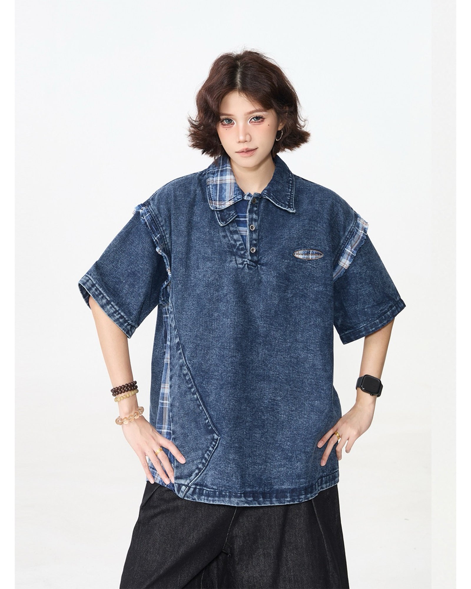 ウォッシュドデニム パッチワーク ポロTシャツ ユニセックス 04