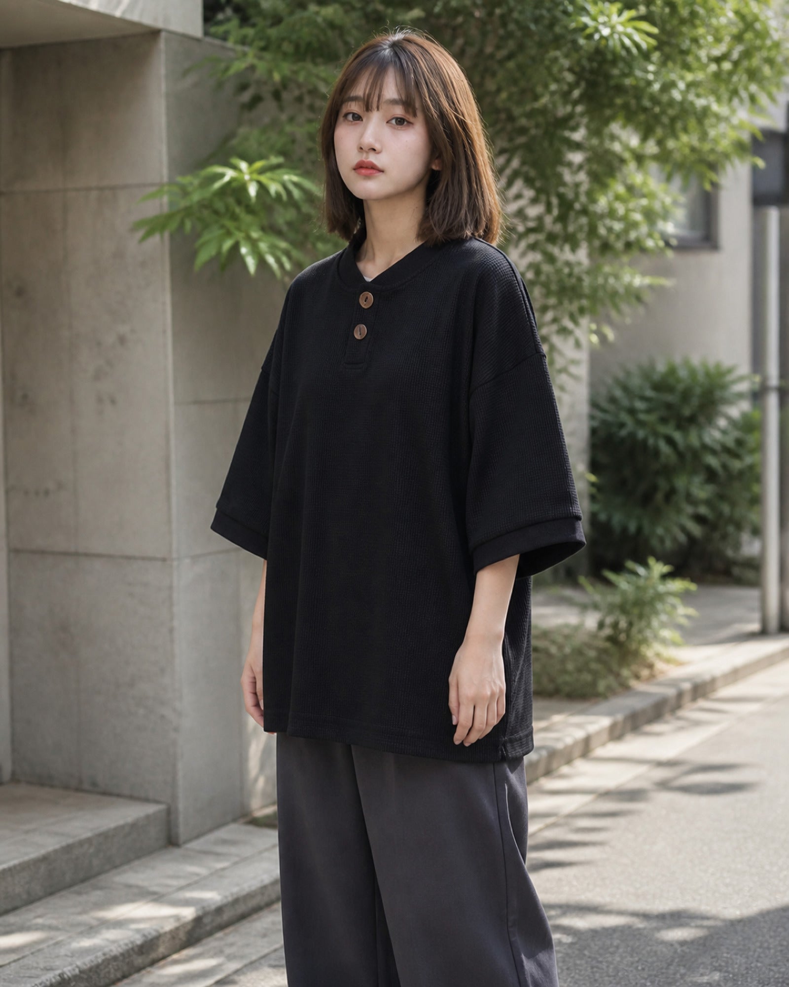 ワッフル ヘンリーネック オーバーサイズTシャツ ユニセックス 03