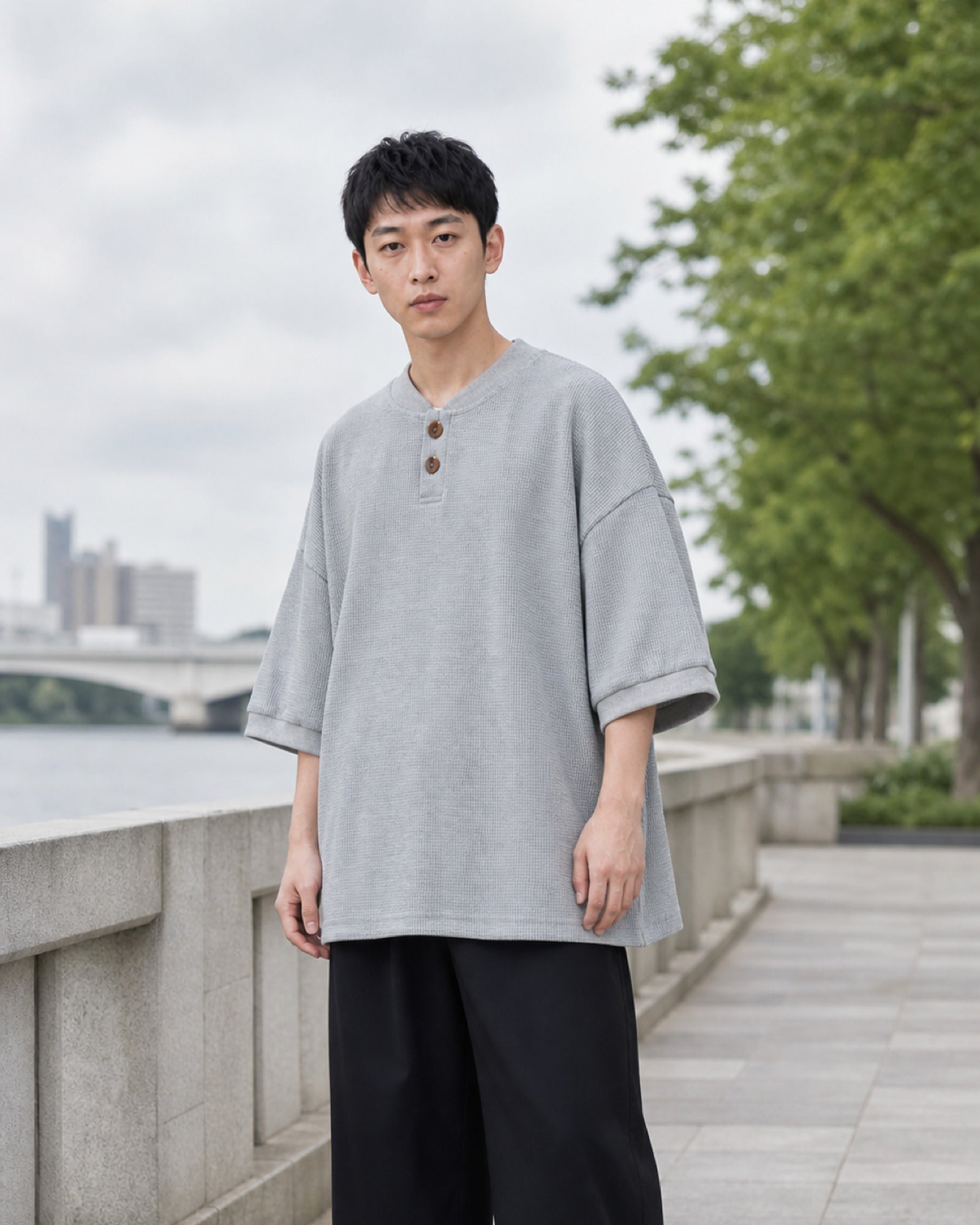 ワッフル ヘンリーネック オーバーサイズTシャツ ユニセックス 04