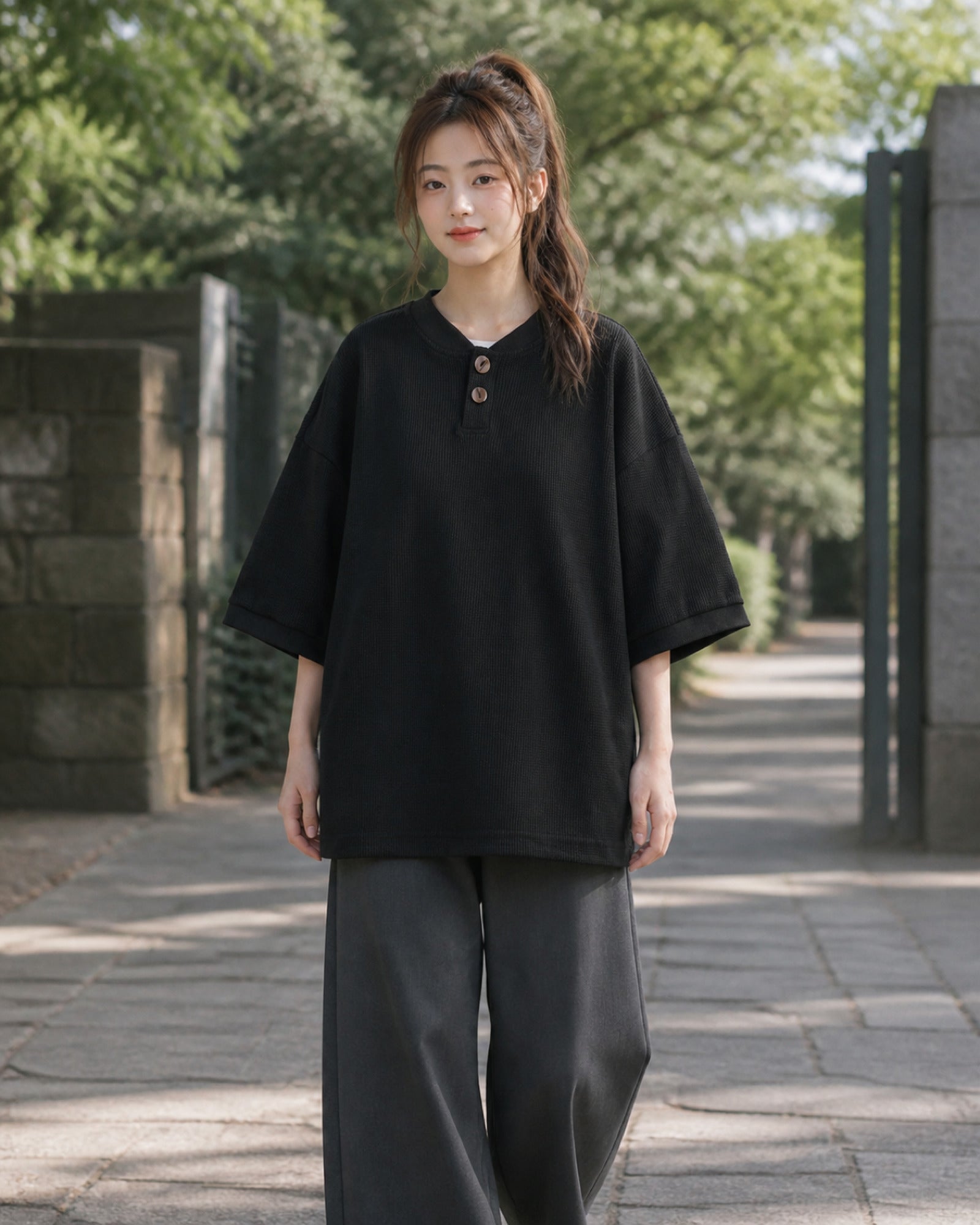 ワッフル ヘンリーネック オーバーサイズTシャツ ユニセックス 05