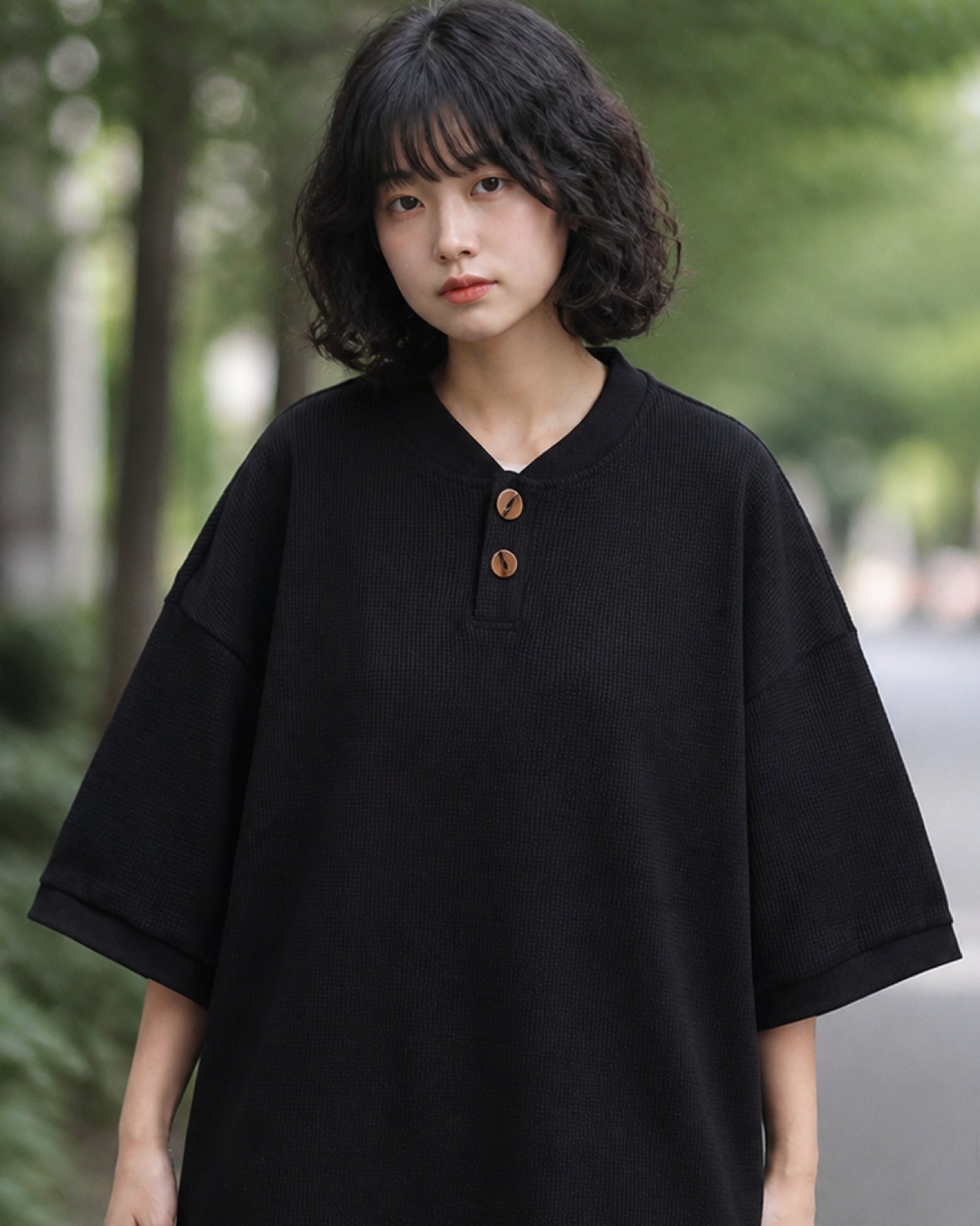 ワッフル ヘンリーネック オーバーサイズTシャツ ユニセックス 06
