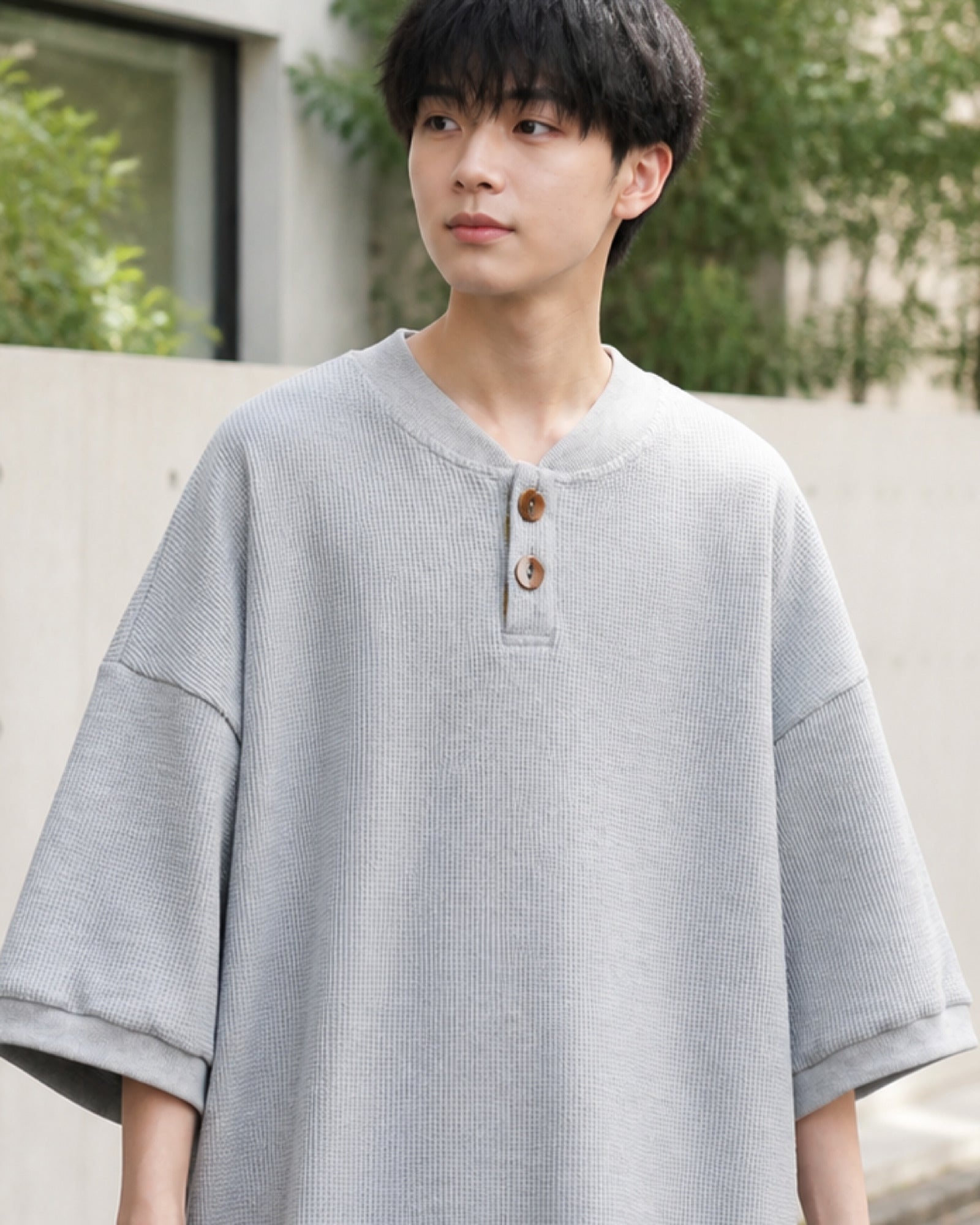 ワッフル ヘンリーネック オーバーサイズTシャツ ユニセックス 07