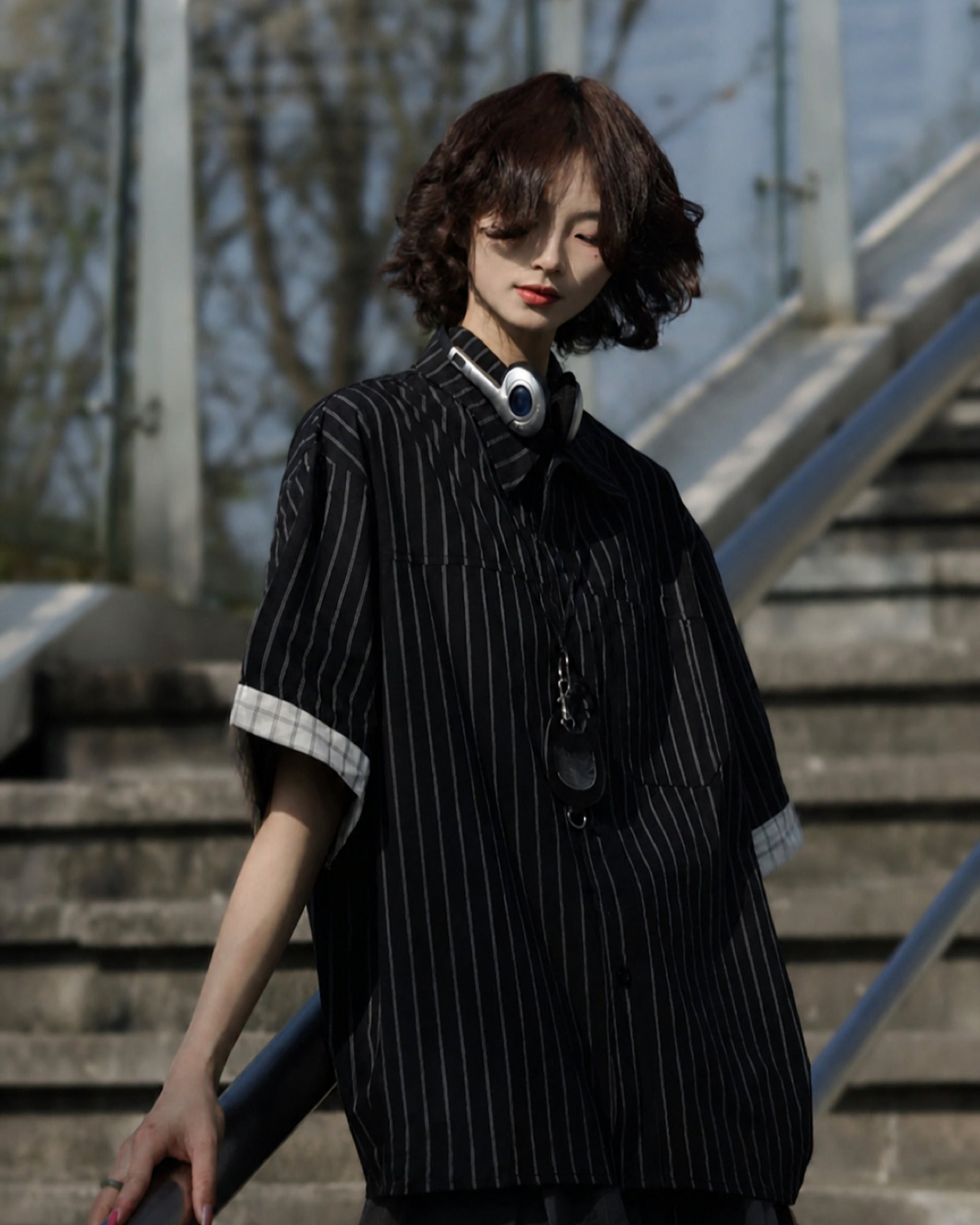 レトロ ピンストライプ オーバーサイズ半袖シャツ ユニセックス 01